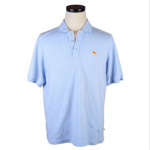 Tommy Bahama Blue Striped Polo Shirt M Marlin Logo Short Sleeve Casual - Picture 1 of 9